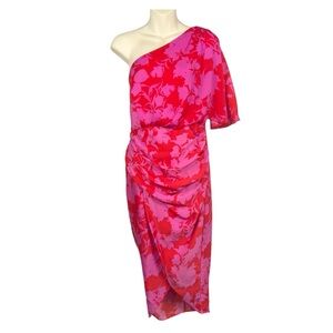 DO+BE Dress Women’s M Red Pink Floral Ruched Draped One Shoulder Vacation Wear